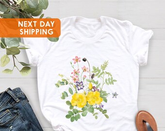 Vintage Style Wildflowers Graphic Tee Shirt For Women, Wild Flower Bouquet, Hiking Outdoor, Botanical T-Shirt, Spring Shirt, Camping T-Shirt
