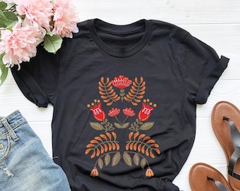 Scandinavian Shirt, Folk Art T-Shirt, Botanical Shirt, Scandinavian Tee, Gift For Women Vintage Flower Shirt, Scandinavian Gift