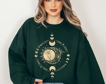 Mystic Moon And Sun Sweatshirt, Mystical Moon Phase Shirt, Moon Phase Gift, Boho Vintage Sweater, Celestial Moon Shirt, Spiritual Sweatshirt