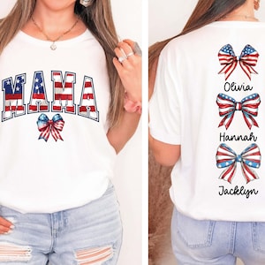 Custom American Mama Shirt with Names, Personalized 4th of July Mom Shirt, Coquette Mama T-Shirt, Patriotic USA Mama T Shirt, Gift for Mom