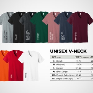 K&ouml;nnte beinhalten: Eine Auswahl an Unisex-V-Ausschnitt-T-Shirts in verschiedenen Farben, darunter Orange, Rot, Wei&szlig;, Grau, Schwarz, Dunkelgrau, Waldgr&uuml;n, Mauve, Marineblau und Burgunderrot. Die Gr&ouml;&szlig;entabelle ist in Zoll angegeben.