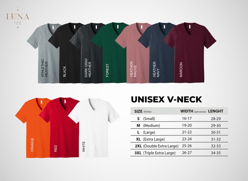 K&ouml;nnte beinhalten: Eine Auswahl an Unisex-V-Ausschnitt-T-Shirts in verschiedenen Farben, darunter Orange, Rot, Wei&szlig;, Grau, Schwarz, Dunkelgrau, Waldgr&uuml;n, Mauve, Marineblau und Burgunderrot. Die Gr&ouml;&szlig;entabelle ist in Zoll angegeben.