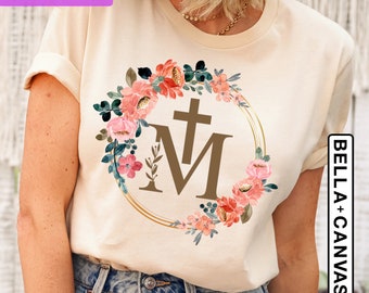 Marian Catholic T-Shirt, M & Faith Cross Shirt, Floral Women Religious Shirts, Virgin Mary Tee, Assumption of Mary, Gift For Christian Girls