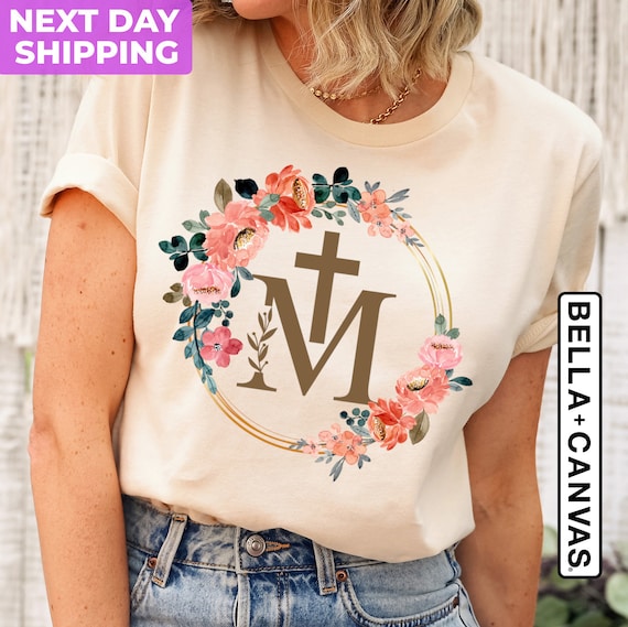 Marian Catholic T-Shirt, M & Faith Cross Shirt, Floral Women Religious Shirts, Virgin Mary Tee, Assumption of Mary, Gift For Christian Girls