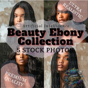 Può includere: Un'immagine composita con quattro ritratti di una donna nera con lunghi capelli scuri. La sovrapposizione di testo recita "Beauty Ebony Collection" e "5 Stock Photos". Il testo aggiuntivo include "Artificial Intelligence", "Ultra Realistic" e "Premium Quality".