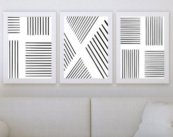 Set of 3 piece wall art, Bold black line art, Modern Abstract Art, Minimalist Poster, Instant Digital Download Print, Monochrome wall art