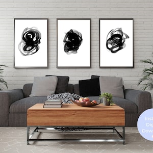 Abstract Black and White Wall Art Set of 3 Modern Minimalist Art Ink Swirl Prints Contemporary Living Room Printable Home Decor Bedroom