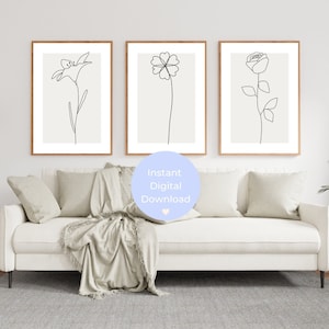 Botanical Wall Art Neutral Prints Line Art Leaves Set of 3 Wall Art Neutral Aesthetic Decor Art Above Bed Prints Living Room