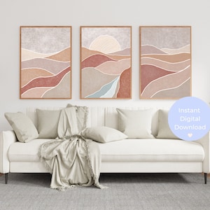 Modern Abstract Boho Landscape Wall Art Prints, Landscape Boho Wall Decor, Set of 3 Prints, Scandi Art, Mid Century, Beige, Terracotta Art