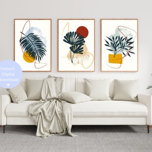 Palm Leaves Boho Abstract Wall Art Prints, Boho Wall Decor, Set of 3 Prints, Scandi Art, Mid Century, Black, Green, Yellow, Boho Wall Art