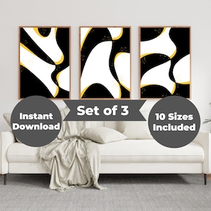 Set Of 3 Black And Yellow Prints Abstract Yellow Wall Art Yellow Living Room Decor for bedroom Black and White Print Abstract Wall Art Black