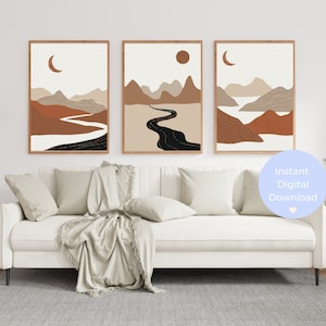 Modern Boho Abstract Wall Art Prints, Landscape Boho Wall Decor, Set of 3 Prints, Scandi Art, Mid Century, Black, Beige, Terracotta, Boho