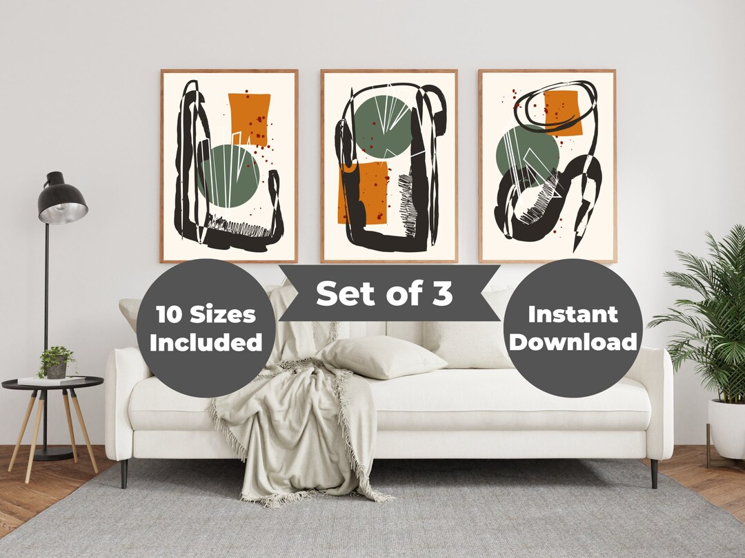 Abstract Art Green Prints Set of 3 Piece Wall Art Mid Century Orange ...