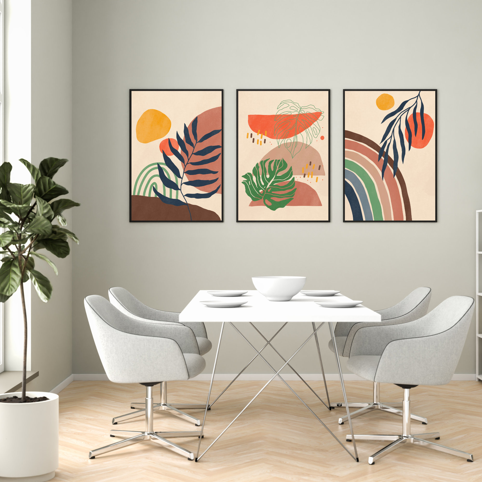 Boho Wall Art Prints Abstract Leaf Set of 3 Mid Century Wall Decor