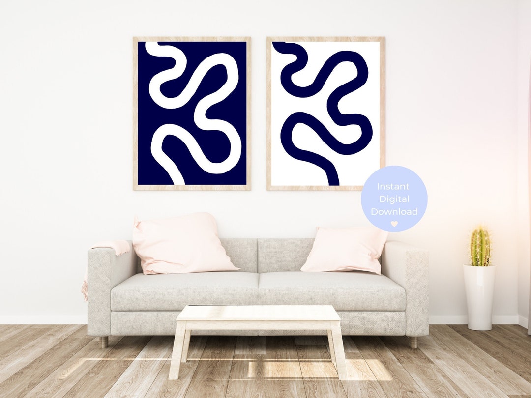 Navy Blue Wall Art Abstract Prints Set of 2 Navy Living Room Decor Blue