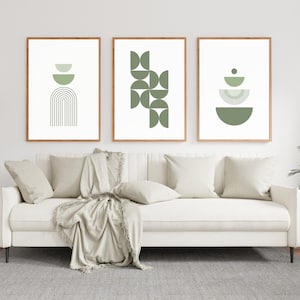 Set van 3 saliegroene abstracte muurkunst Boho Art Prints Mid Century Art Green Wall Decor Boho Living Room Art Green Trio Digitale Download