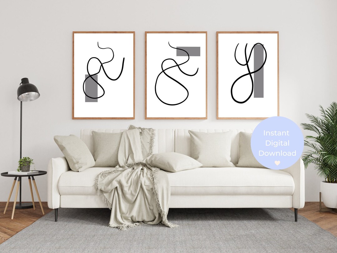 Grey Wall Art Black & White Wall Prints Set of 3 Abstract Art Simple ...