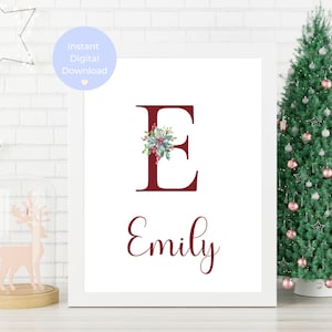 Arte de pared imprimible con letras personalizadas, impresión de letras rojas navideñas, póster, descarga digital, letra imprimible, letrero con letras, nombre inicial