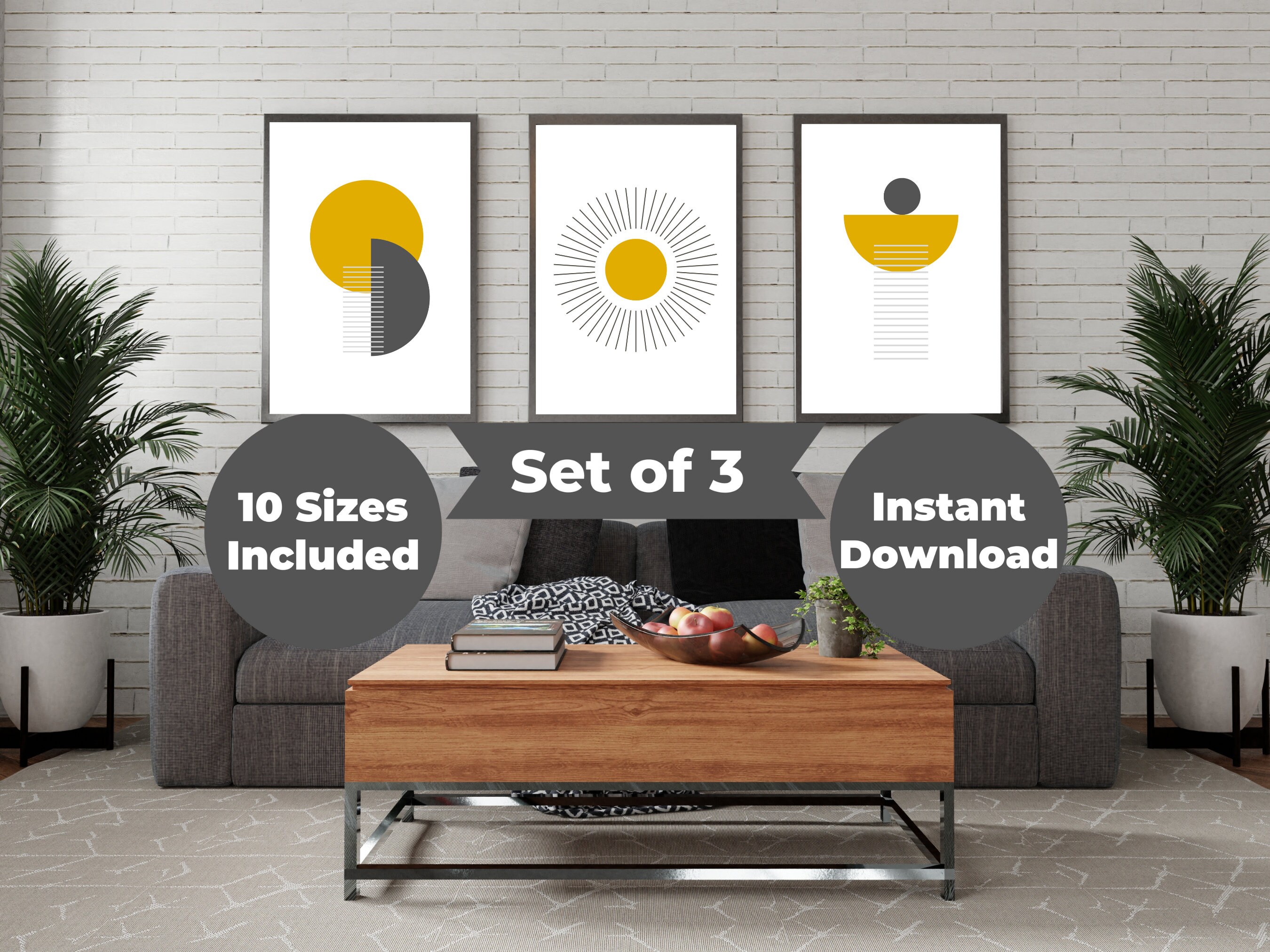 Mustard Yellow and Grey Wall Art Boho Abstract Yellow Prints 3 Piece