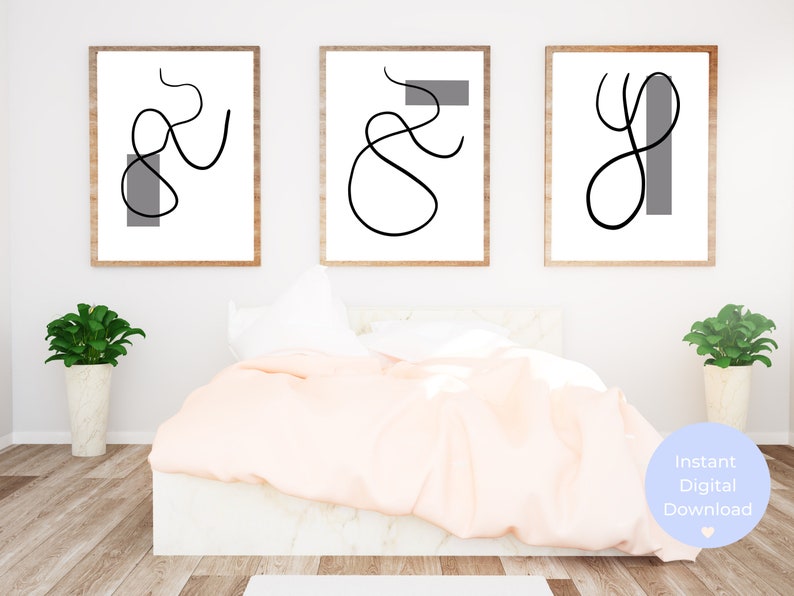 Grey Wall Art Black & White Wall Prints Set of 3 Abstract Art Simple Grey Modern Minimalist Wall ...