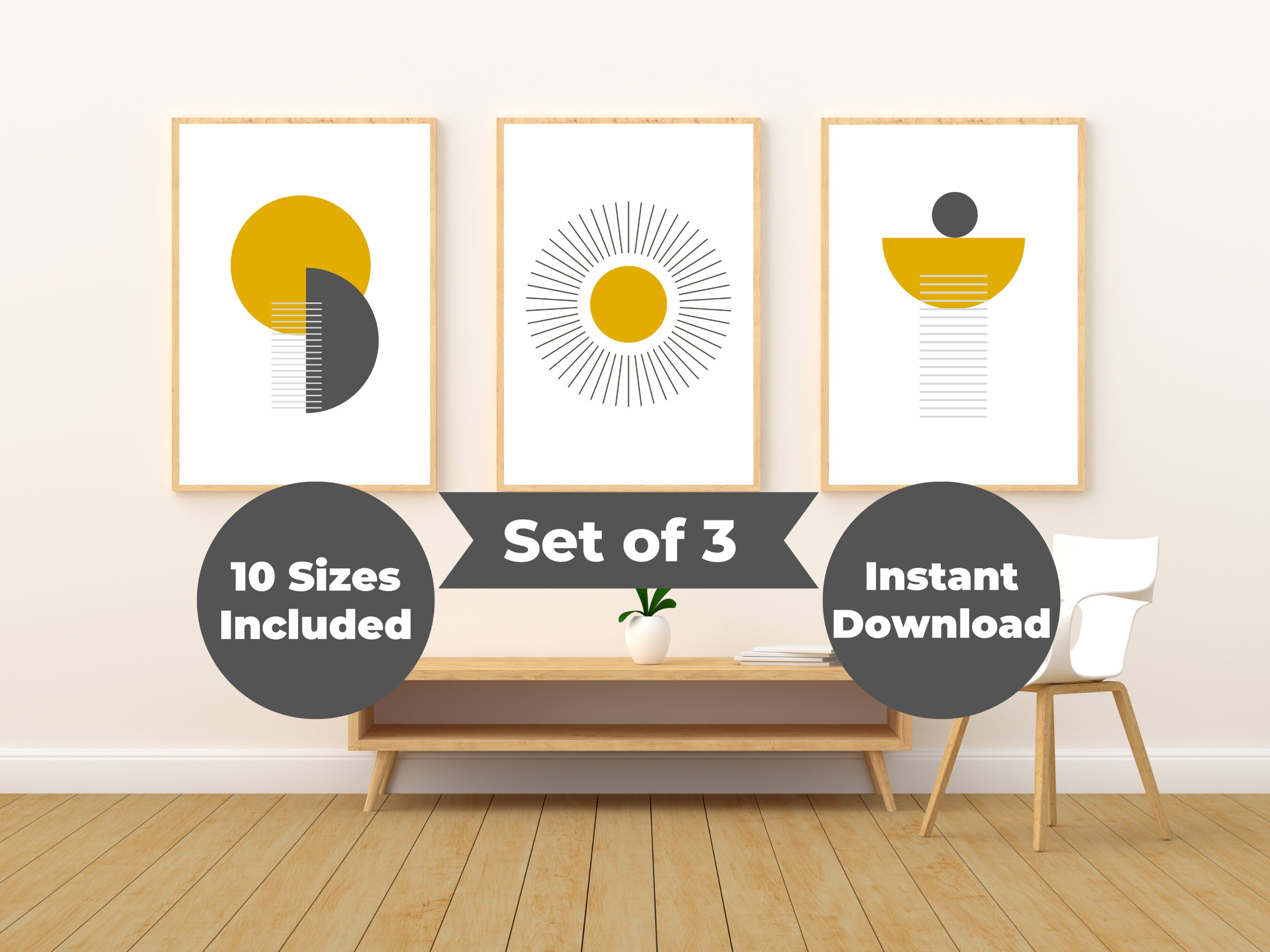 Mustard Yellow and Grey Wall Art Boho Abstract Yellow Prints 3 Piece