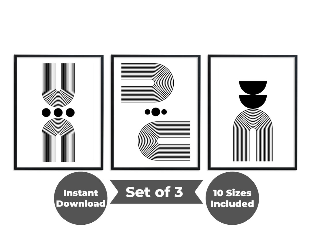 Black and White Boho Abstract Wall Art Prints Set of 3 Piece Wall Art ...