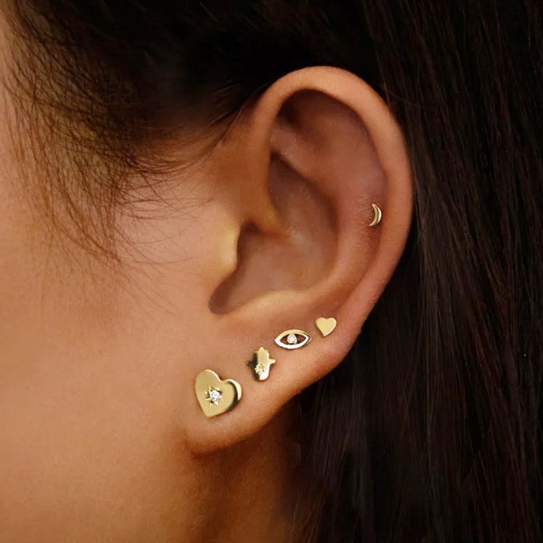 14k Solid Gold Mini Hamsa Stud Earrings, Minimalist Jewelry Studded Diamond Studs Hamsa Earrings, Hand of God, Gold Hamsa Studs, Hannah Stud