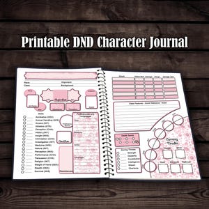 May include: A printable Dungeons and Dragons character journal with pink and white floral designs. The journal has sections for character information, skills, proficiencies, and more.