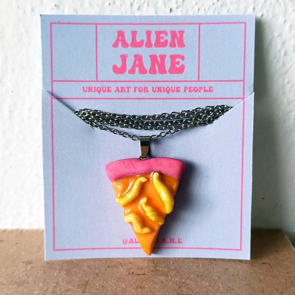 Wurm Pizza Halskette Charm – Alien Miniatur Essen – Pizza Anhänger – handgemachter Schmuck – Anhänger Halskette