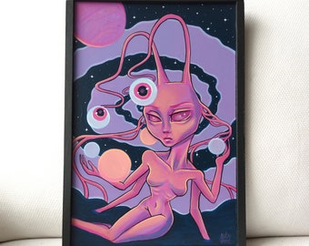 Celestial conversations original acrylic painting on wood - alien art - trippy wall art