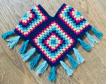 Childs handmade wool crotchet poncho, wool shawl, brightly coloured festival fun, Ages 2-6yrs and 5-11yrs
