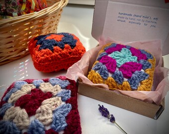 Handmade Crochet Granny Square Lavender Sachets, Pin Cushions, Vintage Modern Style