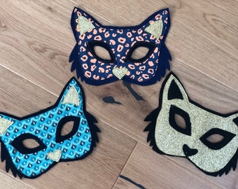 Bespoke handmade glamorous sparkly cat mask. Dressing up and make believe/gold felt/cotton/durable. Animal lover, Halloween birthday present