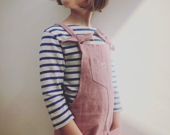 Bespoke Linen or Chambray short, loose fitting dungarees, Lucy and Yak style for kids. 9 colour options. Ages 1 through to 14.