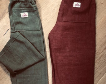 Kids unisex, gender neutral linen trouser, linen pants, comfortable wide leg, various sizes and colours.