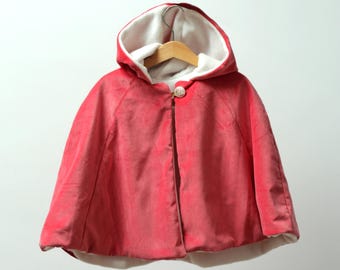 Pink Velvet Hooded Cape, Cotton Fleece Lined, Ages 3-10