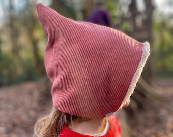 Child's Reversible Corduroy Pixie Hat, pixie hood, Teddy Bear Fleece, Folk Style, elf hat, gnome hat, various fabrics