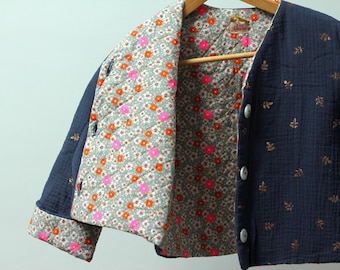Girls Handmade Quilted Jacket, Gold Leaf Dark Blue Muslin, Petit Pan Lining