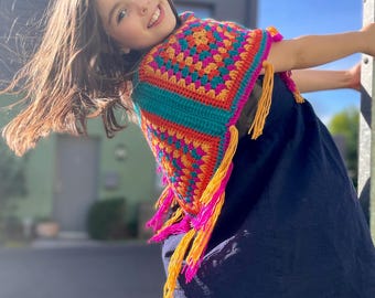 Handmade Wool Crochet Poncho, Colorful Granny Square Tassels, Festival Wear Ages 2-11