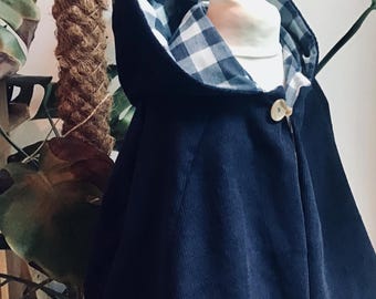 Hooded cape in Blue corduroy and cotton lining. Perfect for make believe play, woodland adventure. Age 3-5