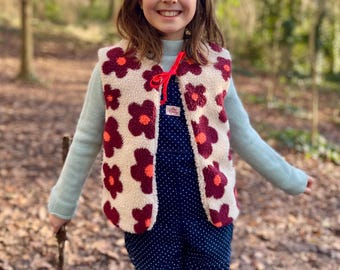 Handmade Child's Teddy Fleece Sherpa Vest, Folk Style Reversible Gilet, sleeveless jacket.