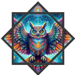 May include: A colorful, detailed owl with its wings spread wide. The owl is surrounded by a blue and purple mandala-like design with stars and geometric shapes. The owl's eyes are bright yellow and its feathers are a mix of blues, greens, oranges, and purples.