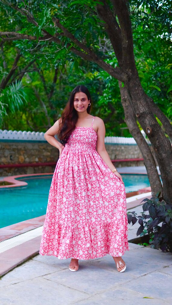 Pure Cotton Short Maxi Long Dress Indian Printed Summer Maxi Dresses Comfy Daywear Boho Beach Outfit | Indian Sleeveless Short Dress