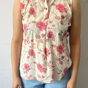 Sleeveless Cotton Floral Top for Women | Button-Down Summer Blouse | Beachwear Top | Printed Tank Top | Soft Rose Print Top | Gift For Her