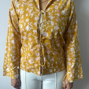 Handmade Yellow Floral Cotton Tie-Up Top – Boho Chic Long Sleeve Blouse – Lightweight Summer Shirt| Gift For Her | Beach Wear Top | Coverup
