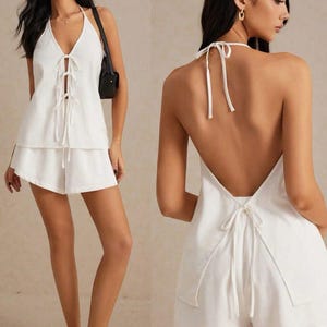 White Cotton Boho Co-Ord Set | Halter Tie-Front Top & Shorts | Two Piece Summer Outfit | Open Back Beachwear | Casual Vacation Set for Women