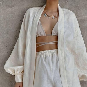 3-Piece Cotton Linen Set – Kimono Sleeve Shirt, High-Waisted Shorts & Wrap Bikini Top | Minimalist Summer Loungewear - Boho Gift For Her