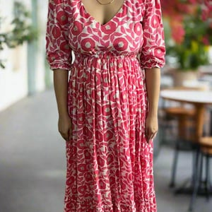 Pink Floral Cotton Maxi Dress | V-Neck Boho Summer Dress | Gift For Her | Block Print Long Dress | Puff Sleeve Tiered Dress | Summer Dress