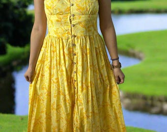 Yellow Cotton Button Down Maxi Dress | Sleeveless Floral Dress | Summer Midi Dress | Printed Dress | Lightweight Flowy Dress | Birthday Gift