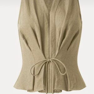 Beige Cotton Linen Peplum Tie Waist Top – Sleeveless Collared Blouse – Minimalist Natural Fabric Summer Shirt – Handmade Boho Vest for Women